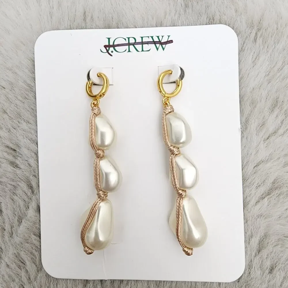 J. Crew Pearl Rope Linear Dangle Earrings Gold Cream Statement NWT